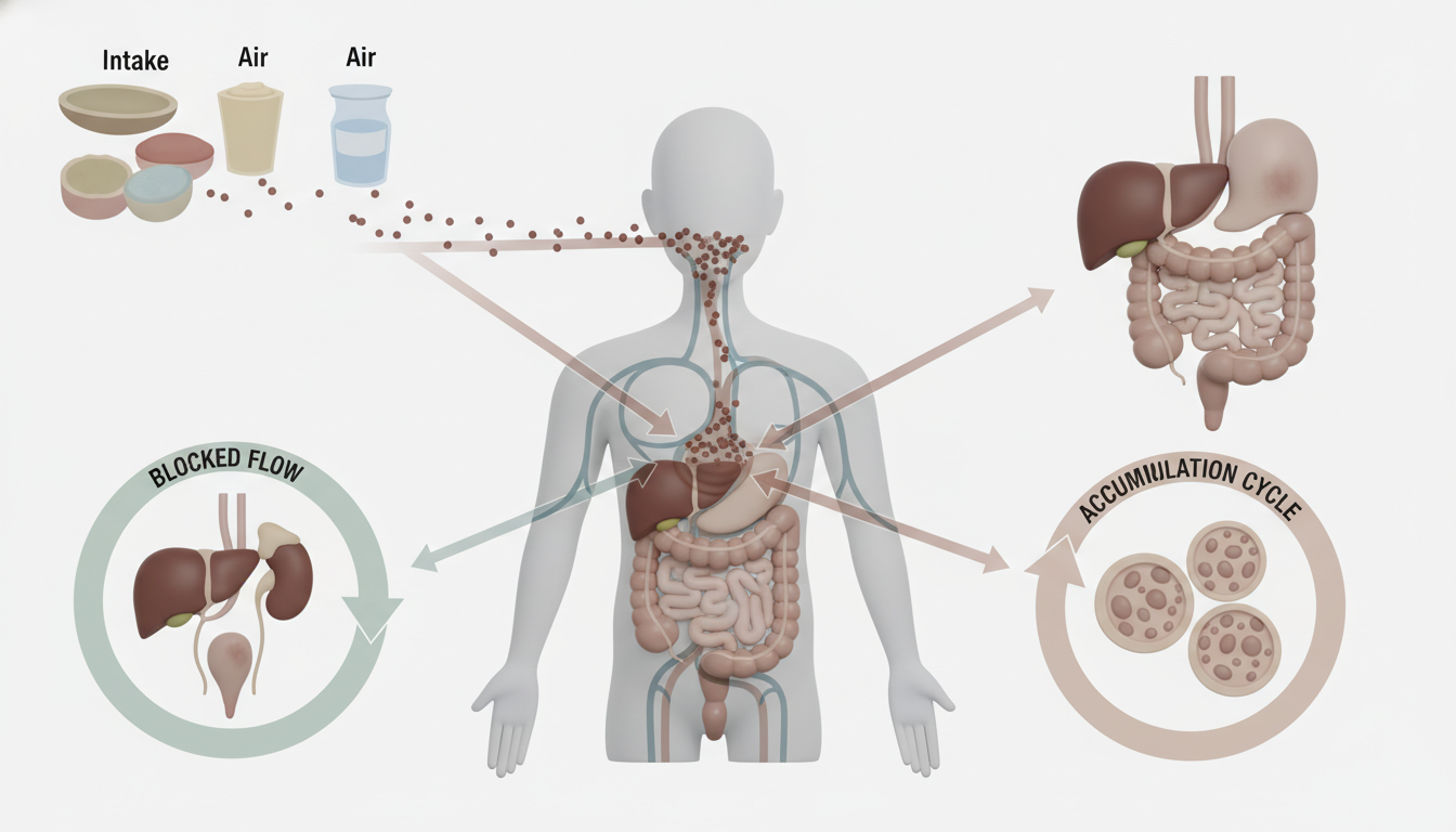 체내 독소가 쌓여 순환이 막히고 지방이 축적되는 3단계 악순환 구조도