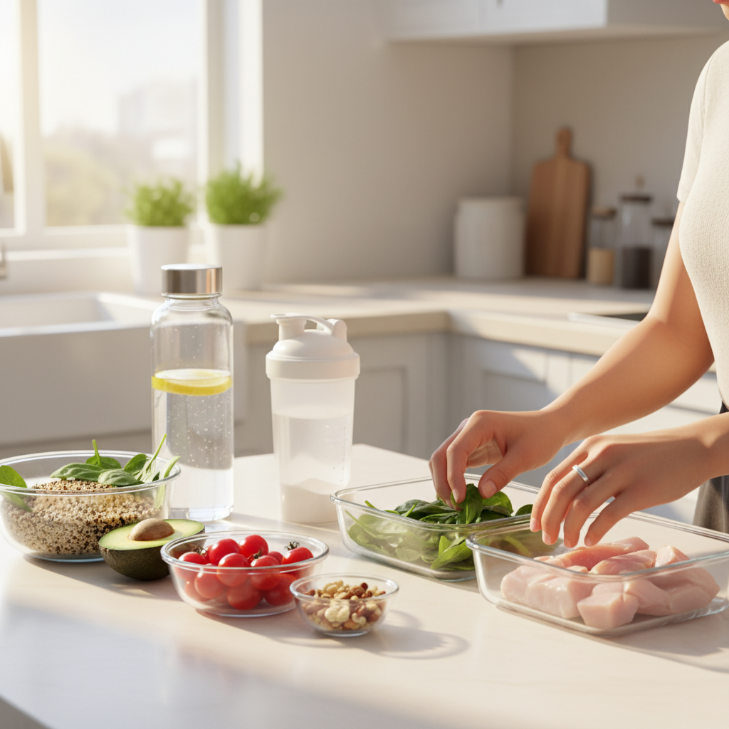 대사 회복 방법을 실천하기 위해 건강한 식단과 물을 준비하는 희망적인 모습