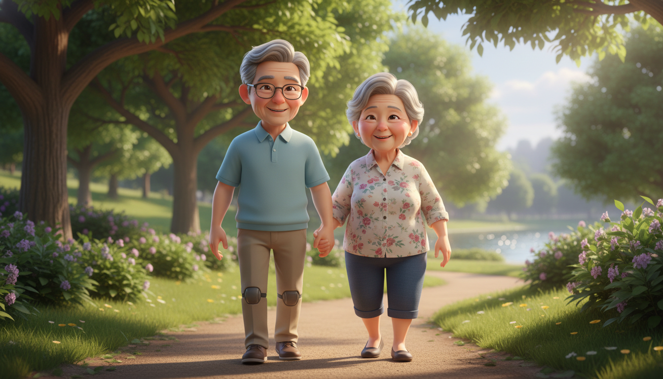 관절 통증 없이 편안하게 공원을 산책하며 웃고 있는 노부부의 모습