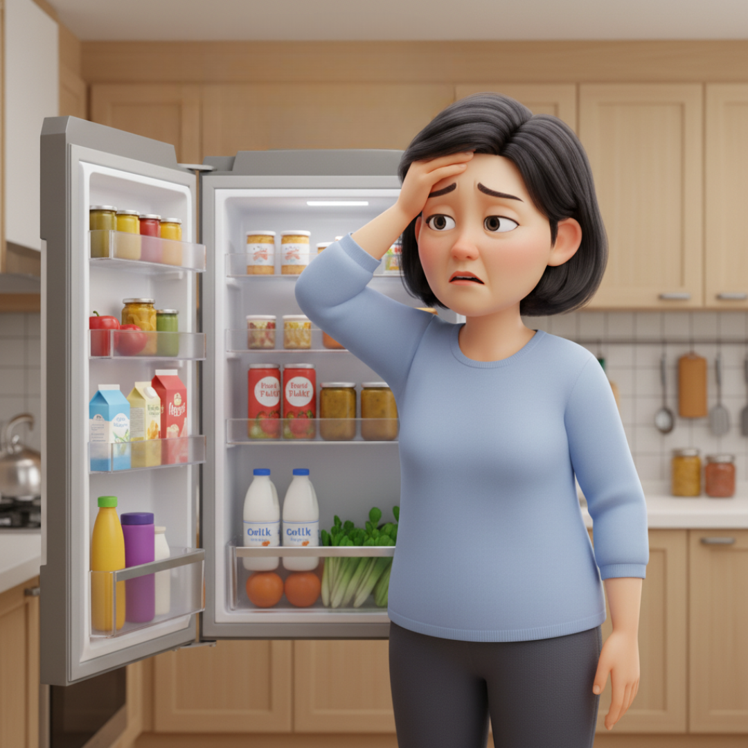 40대 여성이 냉장고 문을 열어둔 채 한 손으로 머리를 짚으며 난감해하는 표정. 텍스트 오버레이: "내가 뭘 꺼내려고 했더라?"