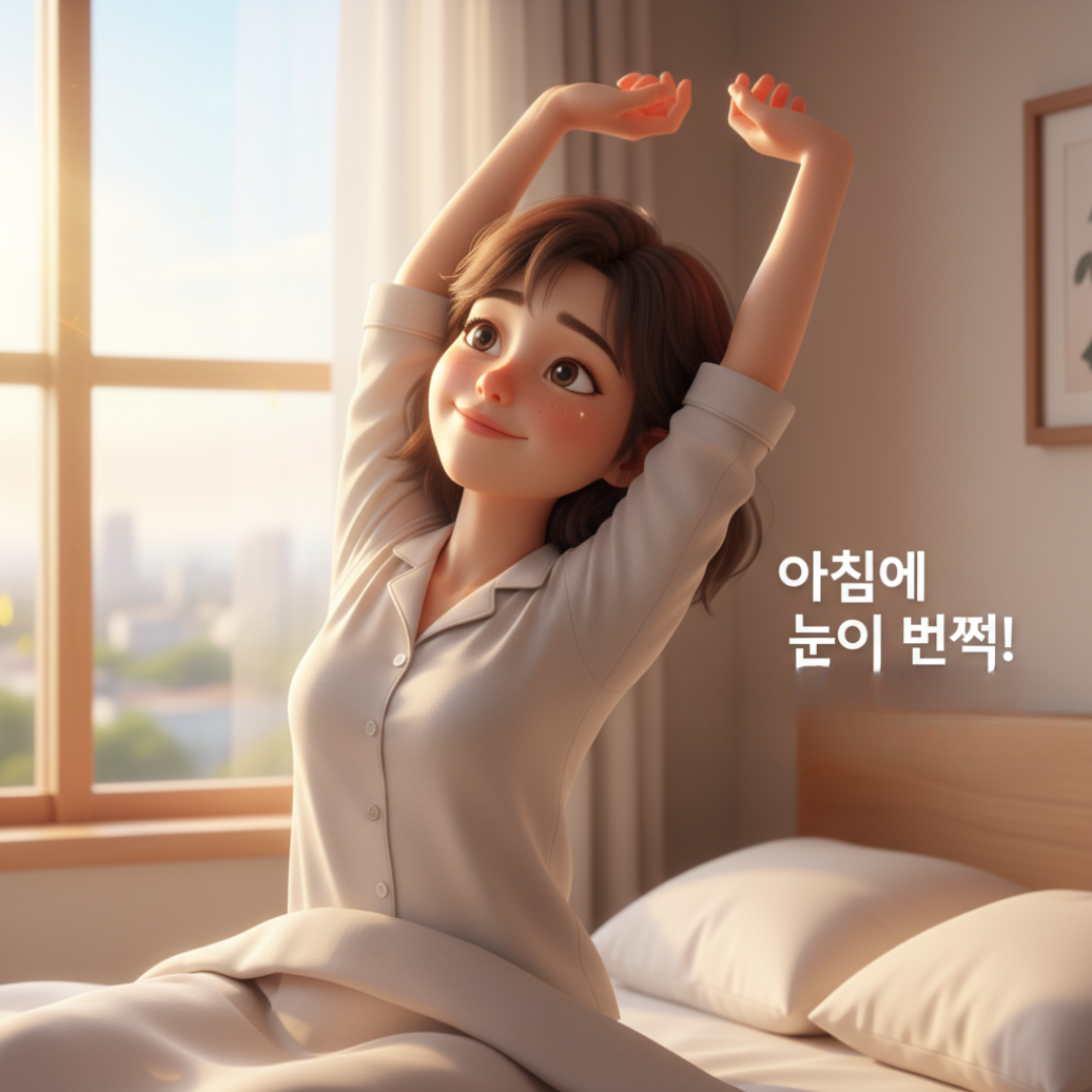 한 여성이 아침에 일어나 기지개를 켜는데, 창밖의 햇살이 비치며 표정이 매우 상쾌하고 눈빛이 또렷한 모습.