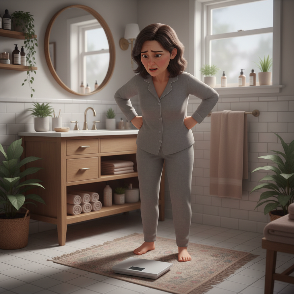 체중계 위에 올라가서 변화 없는 숫자를 보고 실망하는 중년 여성의 모습