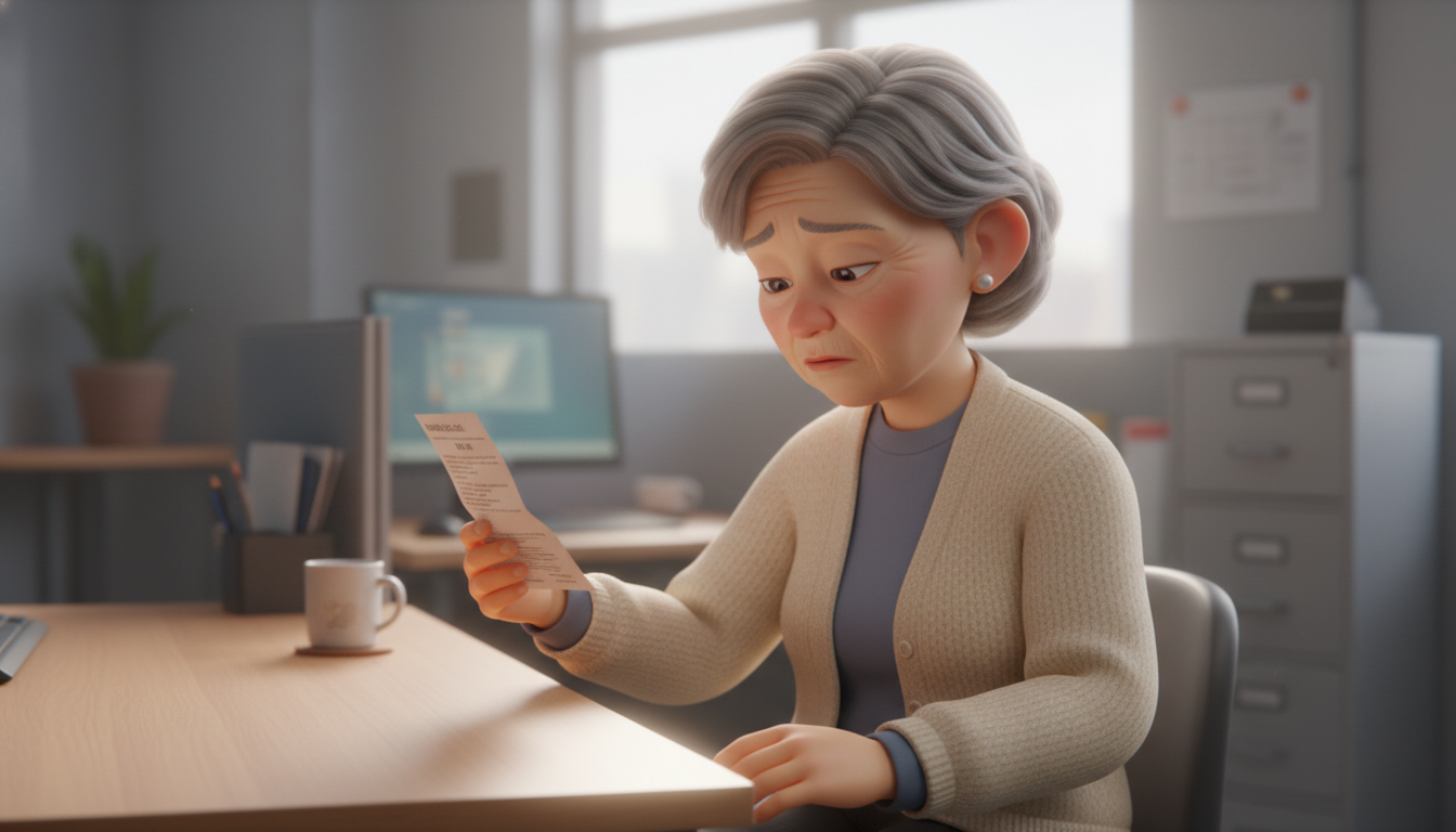 콘쥬란 주사 가격 청구서를 보며 무릎 통증을 걱정하는 60대 여성의 모습