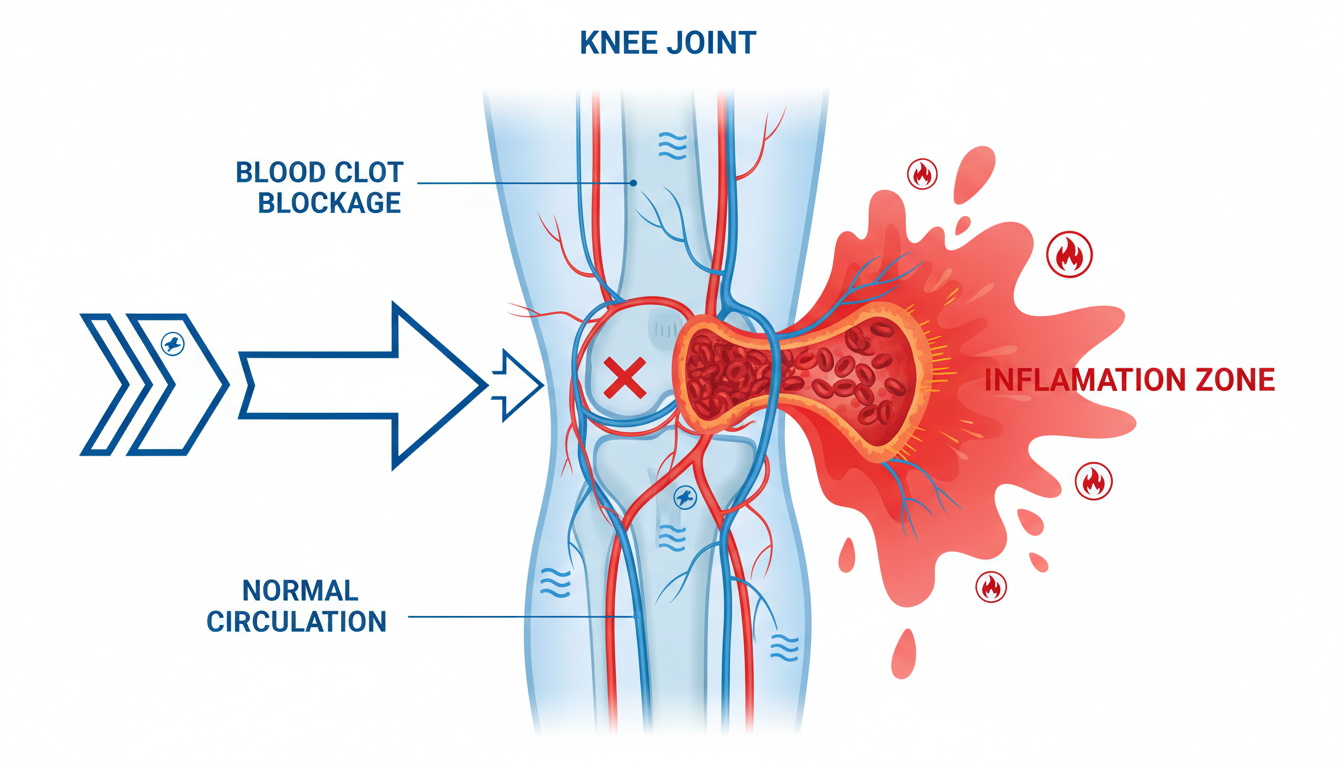 혈액 순환 장애로 인해 무릎 관절에 염증이 쌓이는 3단계 악순환 구조